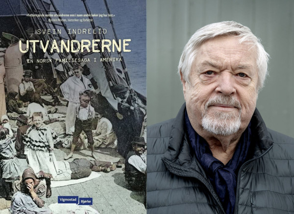 Portrett av Svein Indrelid og framsida av boka "Utvandrerne"