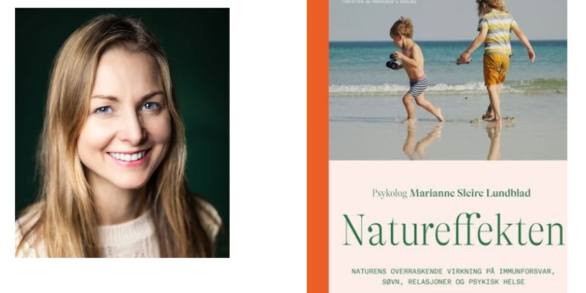 Portrett av Marianne S. Lundblad og framsida av boka "Natureffekten"