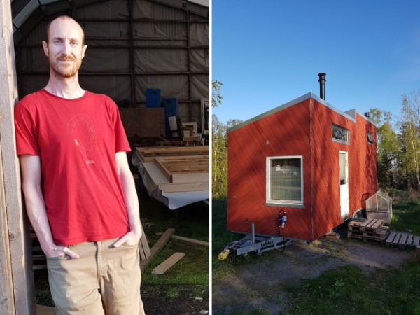 Portrett av forfattar Ola Stedje Hanserud ved sidan av eit raudt mikrohus