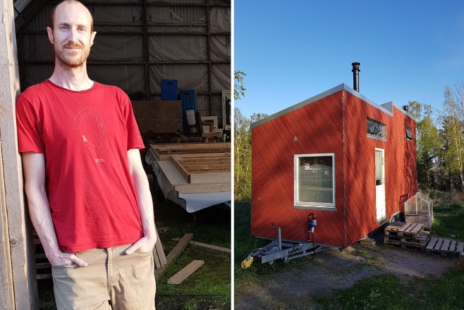 Portrett av forfattar Ola Stedje Hanserud ved sidan av eit raudt mikrohus