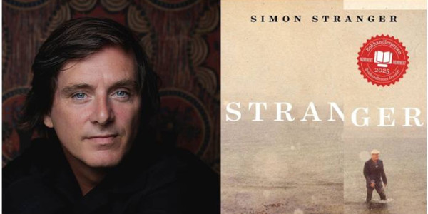 Portrett av Simon Stranger og utsnitt av framsida av boka Stranger