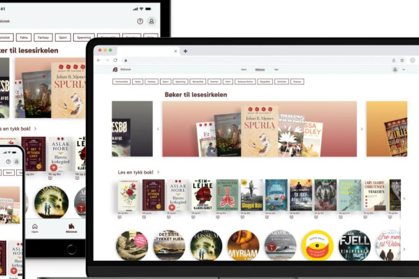 PC, nettbrett og mobilskjerm som syner appen Biblio