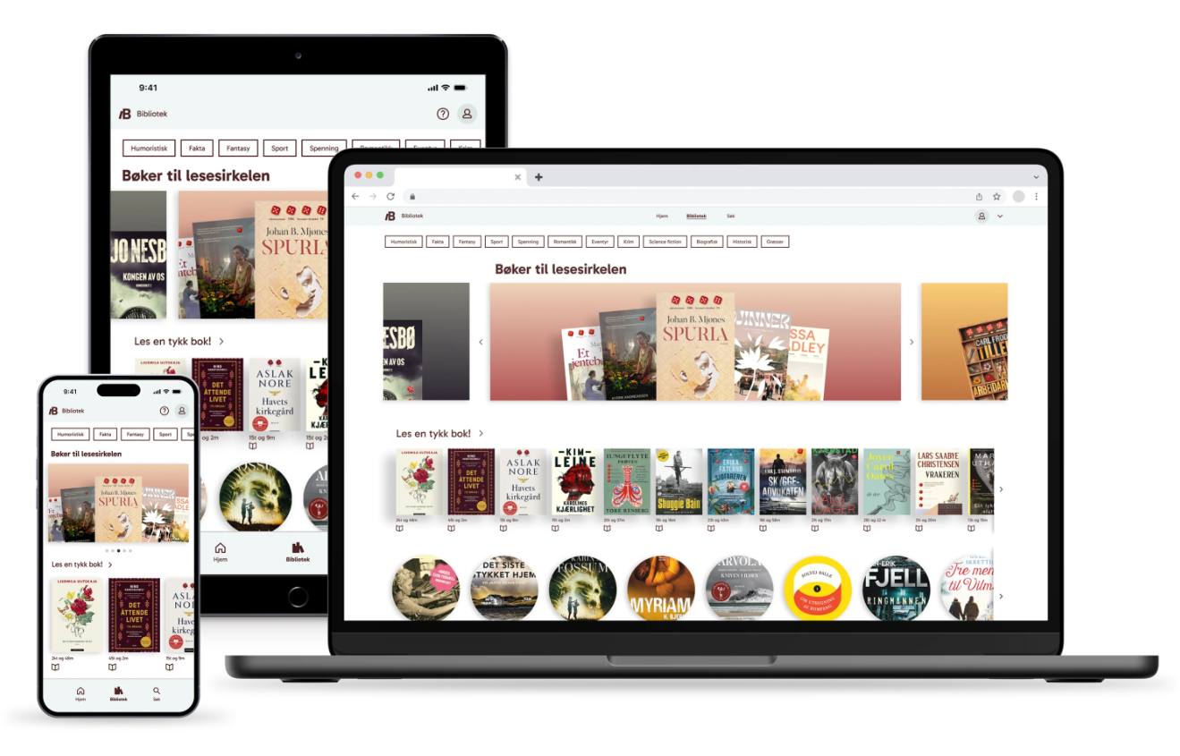 PC, nettbrett og mobilskjerm som syner appen Biblio