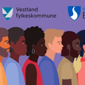 Logoar til Likestillingssenteret på Vestlandet, Vestlnd fylkeskommune og Sogndal bibliotek over ei rekke med personar med ulik utsjånad på lilla bakgrunn