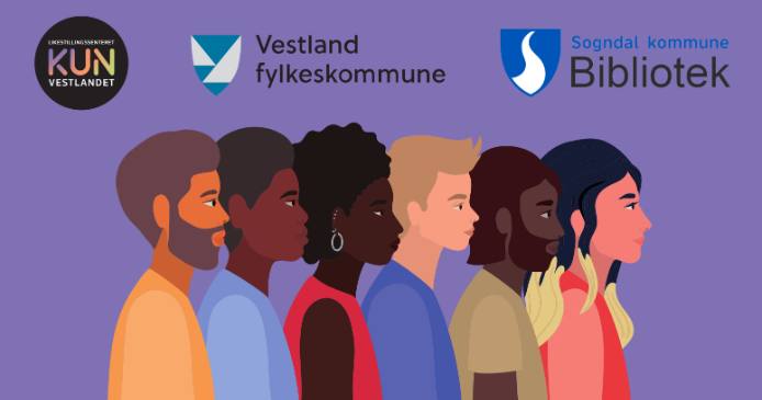 Logoar til Likestillingssenteret på Vestlandet, Vestlnd fylkeskommune og Sogndal bibliotek over ei rekke med personar med ulik utsjånad på lilla bakgrunn